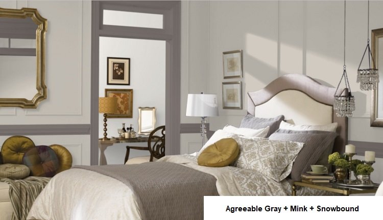 AGREEABLE GRAY AND mink and Snowbound in background room